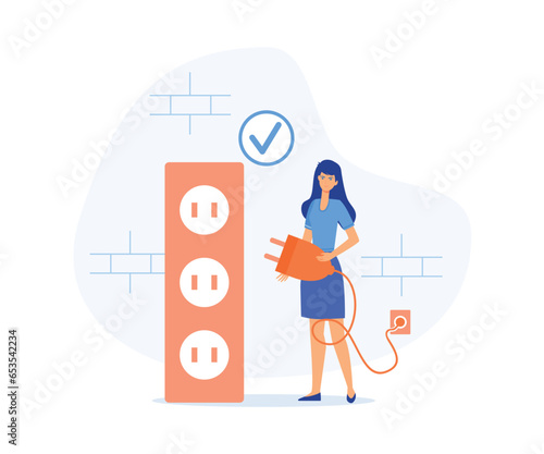 Sustainability, Characters reduce energy consumption at home, unplug appliances and use energy saving light bulb, flat vector modern illustration