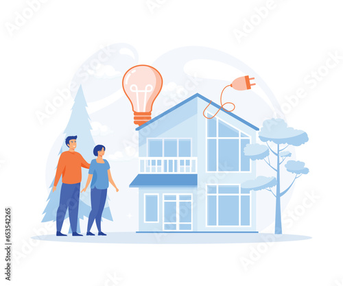 Green energy, Modern eco private house with solar energy panels and smart home technology. Electric car near charging station, flat vector modern illustration