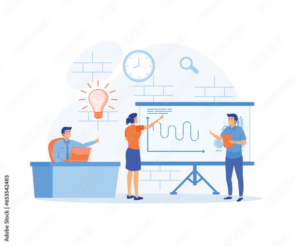 Business people working in the office. Minimal co-working space. Group of working office employees, Team project, brainstorm, flat vector modern illustration Business people working in the office. Minimal co-working space. Group of working office employees, Team project, brainstorm, flat vector modern illustration