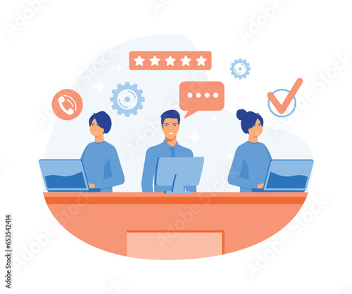 Smiling office operators with headsets, Customer service, hotline operators, technical global support, flat vector modern illustration