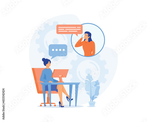 Hotline operator concept. Female hotline operator advises client, Customer service, Customer and operator. Online global technical support 24 hours, flat vector modern illustration