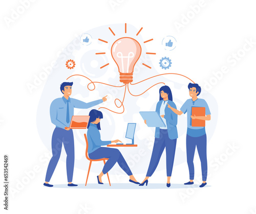 collaboration brainstorming, Sharing and search business ideas. Finding creative solutions to tasks, office workers share ideas, flat vector modern illustration