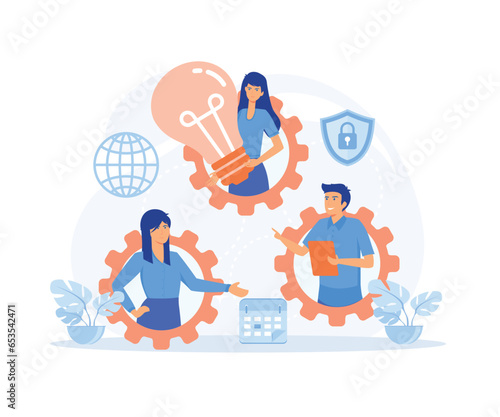 Outsourcing company with tree people in gears. Idea of teamwork and project delegation. Company development and business strategy and planning. flat vector modern illustration
