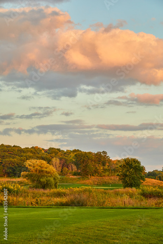 Colorful golf course at sunset with pink and blue clouds as a vertical landscape image
