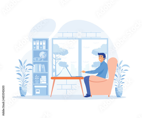 Home office concept, A freelancer man works behind a laptop, work from home, flat vector modern illustration  