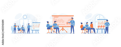 business seminar concept, Business coach speaking in front of audience, presenting charts and reports on seminar, training, set flat vector modern illustration