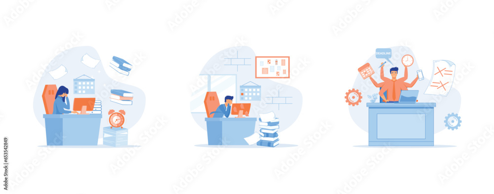 office deadline concept, Overworked business persons, depressed tired hard work manager sitting office desk in big pile of documents, set flat vector modern illustration office deadline concept, Overworked business persons, depressed tired hard work manager sitting office desk in big pile of documents, set flat vector modern illustration