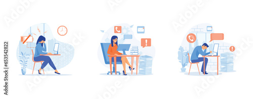 Stress in the office, Tired young business people  working on their laptop among piles of papers and documents. set flat vector modern illustration