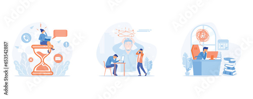 Stress in the office. Rush work. Deadline, Tired and exasperated business person grabbed his head with business process icons on background, set flat vector modern illustration