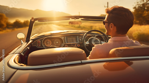 Happy young couple driving into the sunset on a country road in a classic vintage sports car.