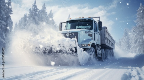 Truck plowing through deep snow on a cold snowy day. generative AI