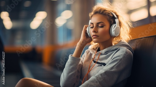 Young woman with earphones listening to music after workout in fitness. photo