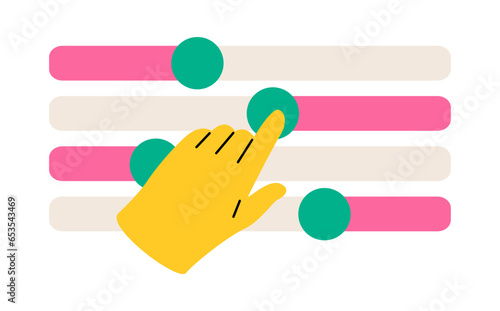 Hand customize settings. System adjust, control panel. Concept of custom settings. Colorful vector illustration