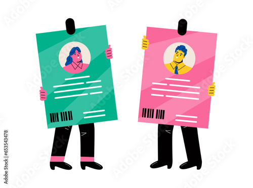 Business people are holding badges. Male and female with id cards. Staff identification. Flat vector illustration isolated on white background