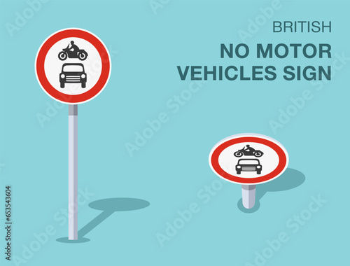 Traffic regulation rules. Isolated British no motor vehicles sign. Front and top view. Flat vector illustration template.