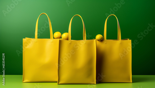 Green and yellow shopping bag with lemons. AI generated