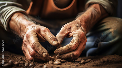 Farmer hands planting seeds. Agriculture concept. AI generated