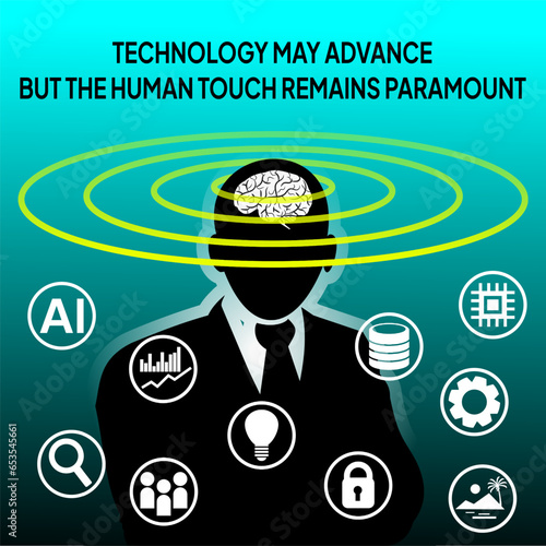 Illustration of the human brain being an important factor as the main controller of all technologies.  Technology may advance, but the human touch remains paramount.