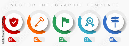 Internet icon set, miscellaneous icons such as shield, key, flag, badge and signpost, flat design vector infographic template, web buttons in 5 color options