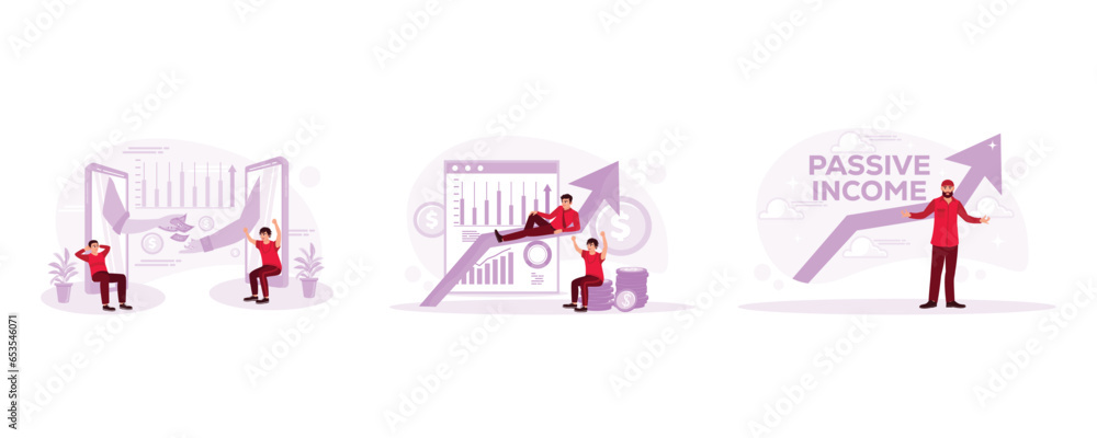 Obraz premium Transfer money via smartphone. Increased income. Passive income writing in the cloud. Passive Income concept. Set Trend Modern vector flat illustration
