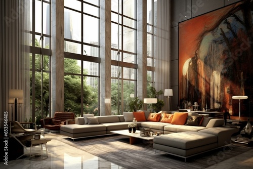 Contemporary living space with a spacious window, perfect for urban residences and luxurious homes. Generative AI