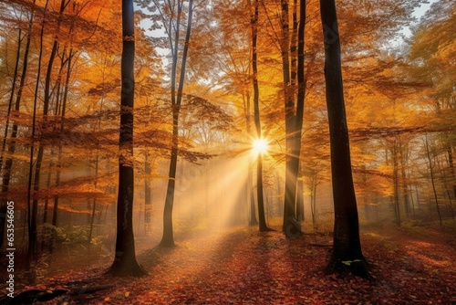 Autumn forest with colorful foliage and sunbeams filtering through the trees. Generative AI