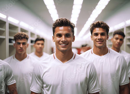Portrait of a group of soccer players in a locker room. © Alan