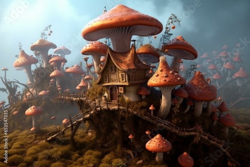 Imaginary realm with adorable dwellings resembling fungi. Generative AI