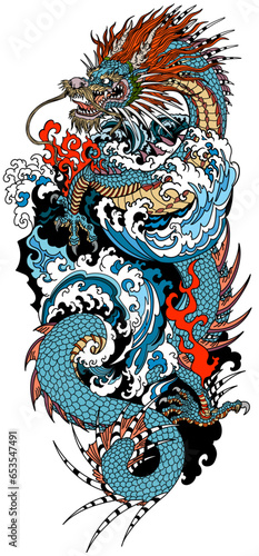 Chinese azure or blue dragon and water waves . A head facing towards the left side and baring its teeth, a serpent-like body, elegantly coiled around a central focal point. Traditional tattoo vector