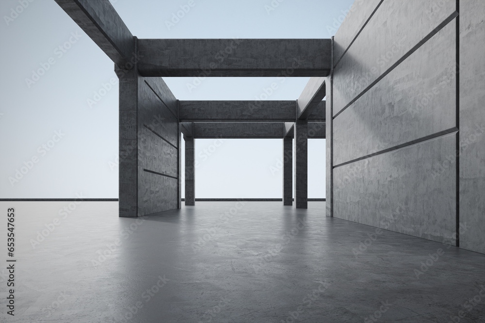 Empty concrete floor with building. 3d rendering of abstract architecture background. Empty concrete floor with building. 3d rendering of abstract architecture background.