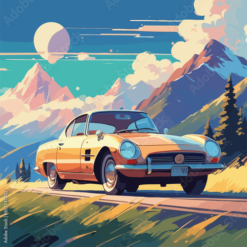 stylish retro car on the background of mountains trending pixiv fanbox-