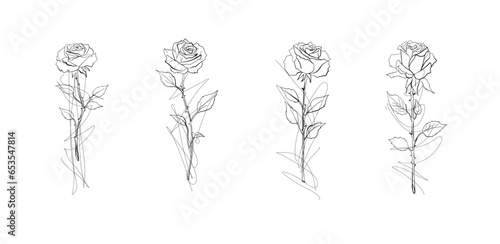 Flower and leaf rose hand draw sketch black and white with line art