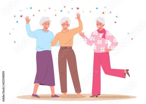 Three elderly women laugh and hug. Happy mature friends. Elderly girlfriends relaxing together enjoying happy old age, Adult persons meeting.