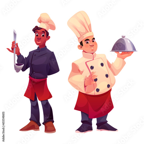 Restaurant kitchen chef character cartoon vector illustration. Chief cook worker people set for professional hospitality service. Culinary staff in apron with soup laddle and cloche plate design