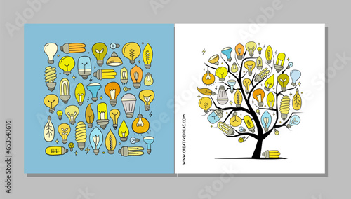 Light bulbs of different shapes and sizes. Art tree with bulbs, design cards....