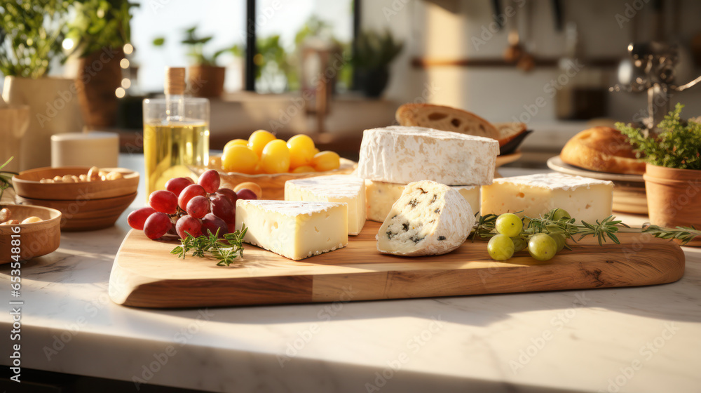 Assortment of Cheeses on Wooden Board with Kitchen Background, Dairy Products, Cheese Platter. Generative AI