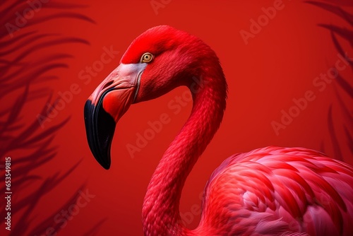 A beautiful flamingo amidst a striking red background. Generative AI