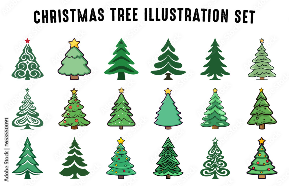 Christmas Tree illustration vector Set, Xmas trees illustration clip art Bundle