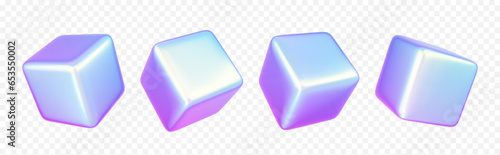 3d holographic cube shape abstract vector graphic isolated on transparent background. Gradient geometric square figure render icon design in pink and blue hologram effect. Creative futuristic polygon