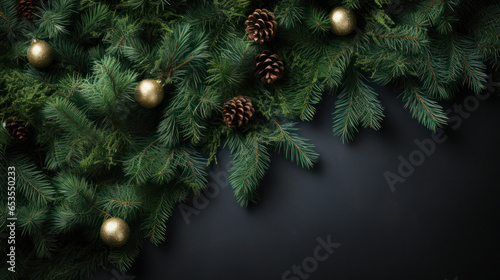 Christmas Tree Branches with Cones Background  Copy Space. Generative AI