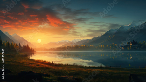 Beautiful sunset over the lake landscape. Generative AI