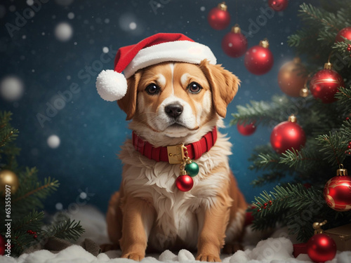 dog wearing a charistmas hat on snowy background