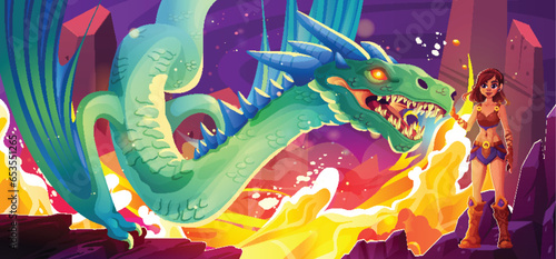 Girl caress fantasy dragon magic fire vector background scene. Landing on rock boulder breathing medieval creature with wings and beautiful female game character. Mythical scary evil dinosaur power