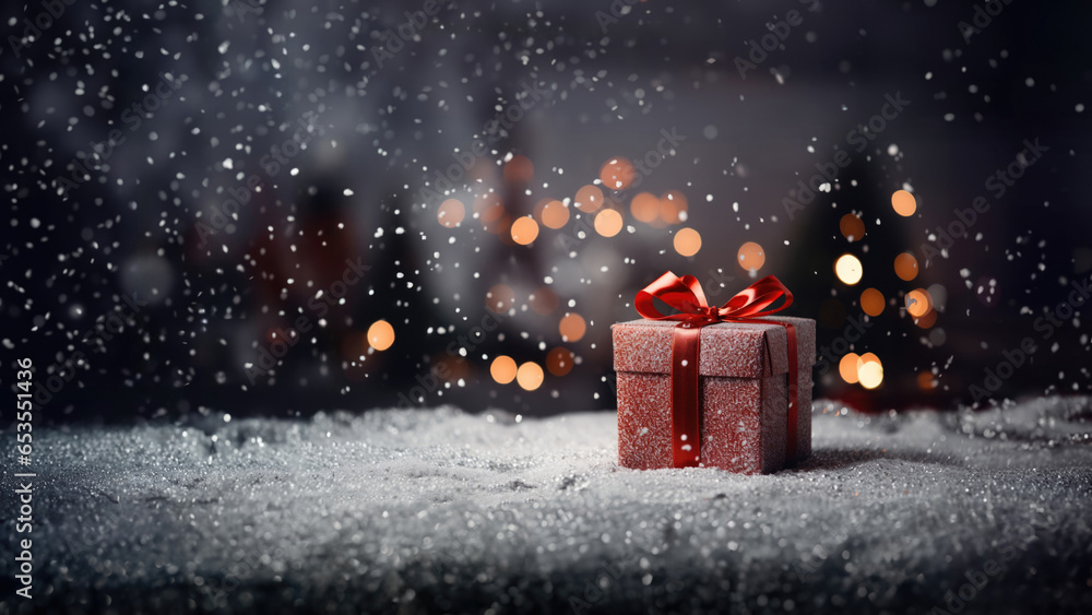 Christmas gift box, snow and bokeh background