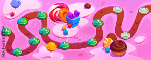 Game road map with level indicators on pink background. Cartoon vector illustration of gui design with sweet desserts, cakes and candies, gift box with bow, path way with platform for each stage.