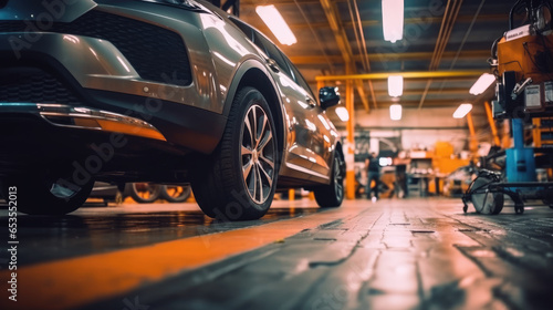 An auto repair shop garage as car mechanics work their magic on a vehicle photo