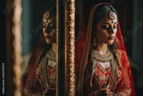 Hindu bride next to a mirror