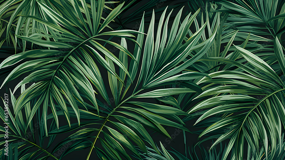 Parlor Palm leaves in a watercolor illustration, nature background of tropical foliage
