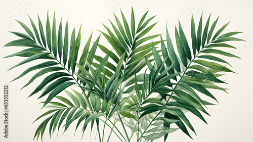 Green Parlor Palm leaves in a watercolor illustration, nature background of tropical foliage © Link Parker