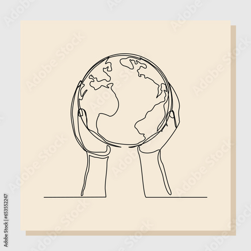 continuous single line sketch drawing of palm hand holding earth globe. One line concept of save nature ecology. Vector illustration